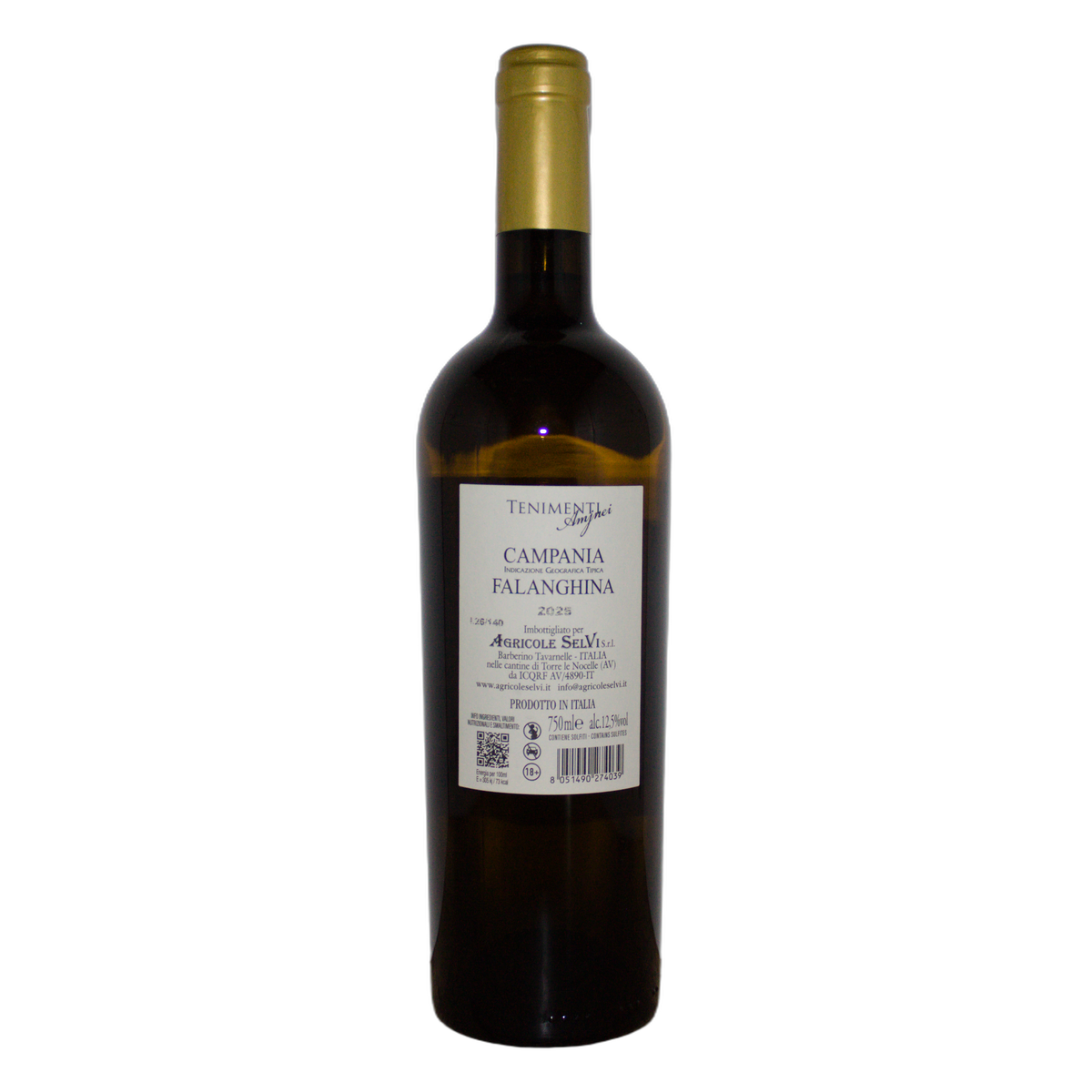 Technical back label for Agricole Selvi Tenimenti Amjnei Falanghina IGT 2025 - Nutrition and ingredients