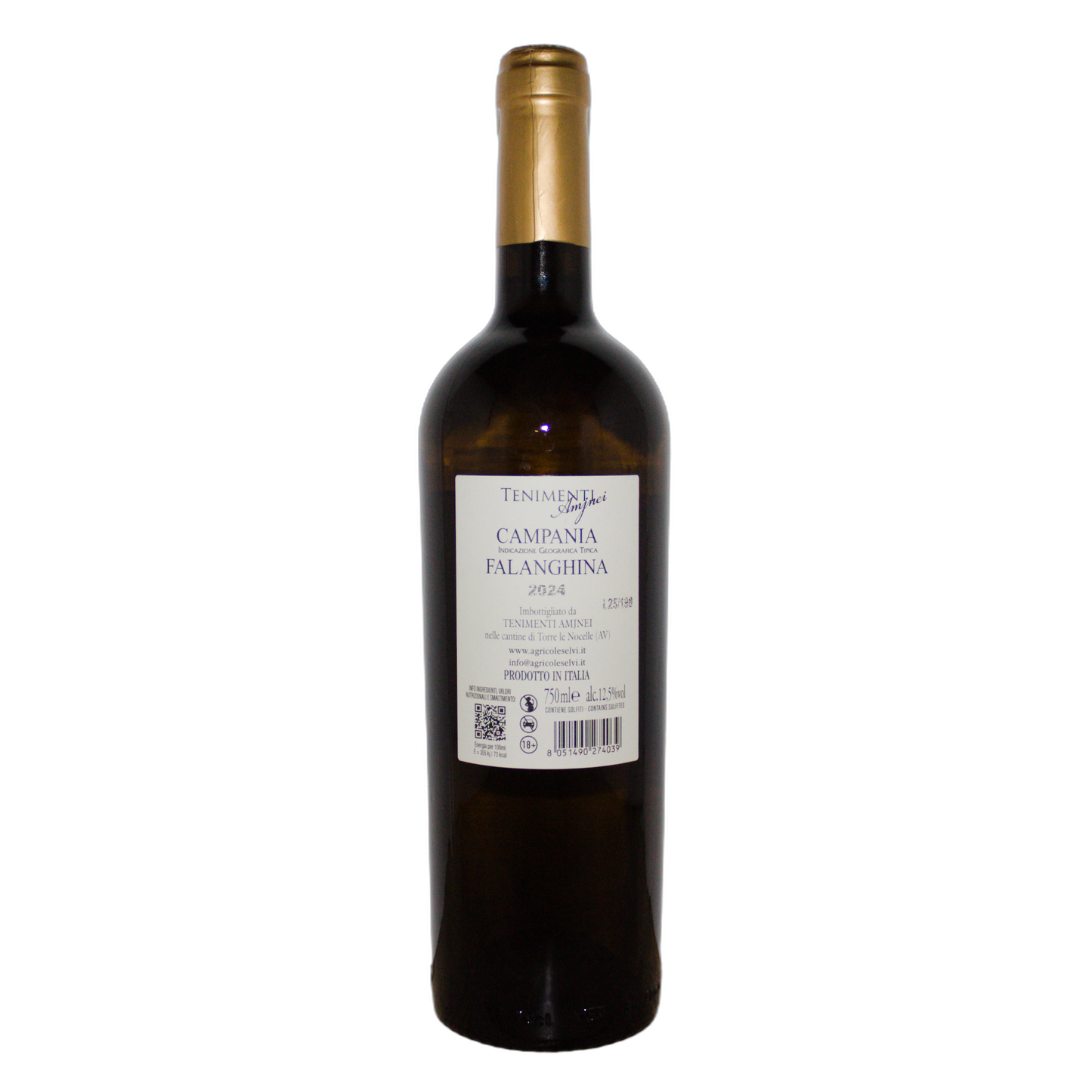 Technical back label for Agricole Selvi Tenimenti Amjnei Falanghina IGT 2024 - Nutrition and ingredients