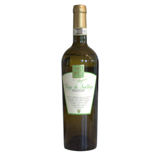 A bottle of Tenimenti Amjnei Fiano di Avellino 2023 white wine with a label that includes green elements and text, along with the name of the wine.