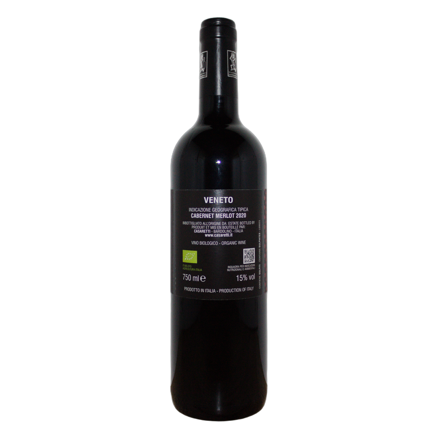 Technical back label for Casaretti Tera Magra IGT 2020 with alcohol and organic info