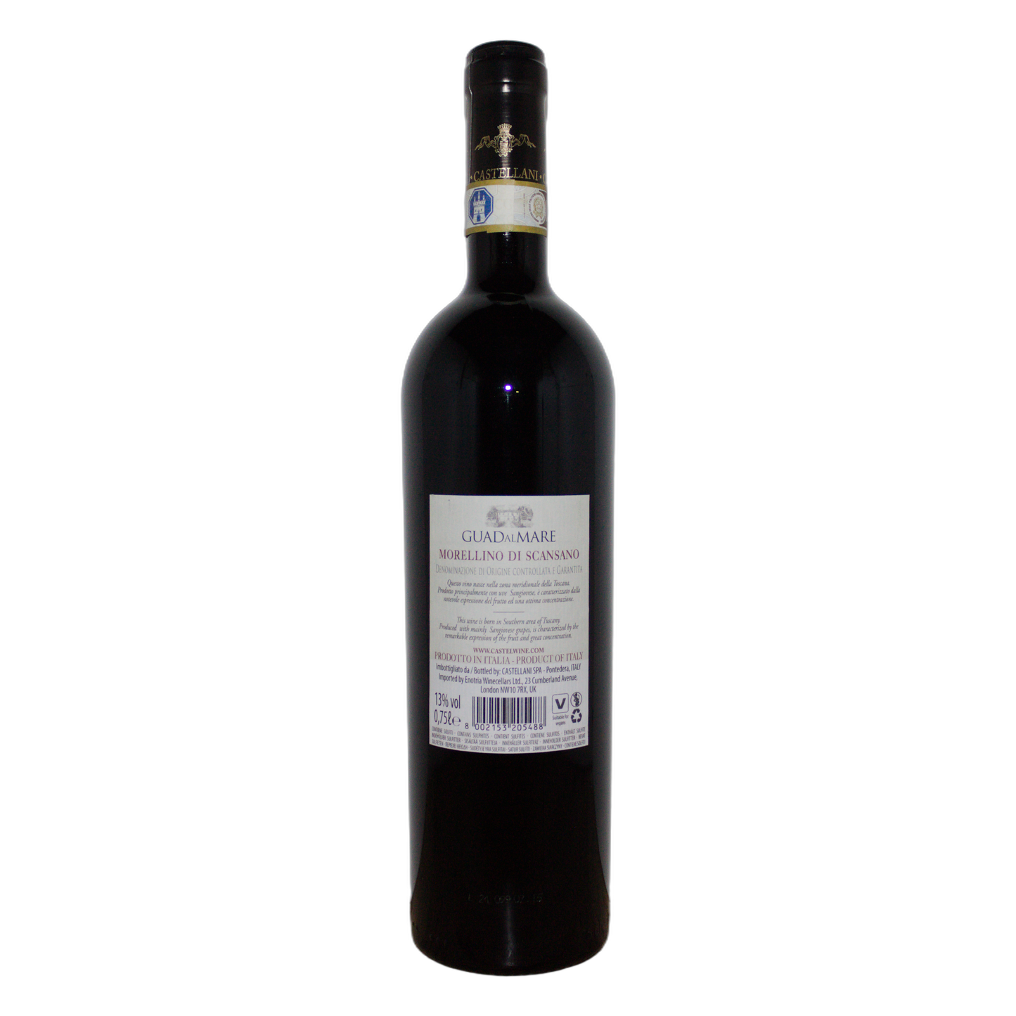 Technical back label for Famiglia Castellani Guadalmare Morellino di Scansano DOCG - Nutrition and ingredients