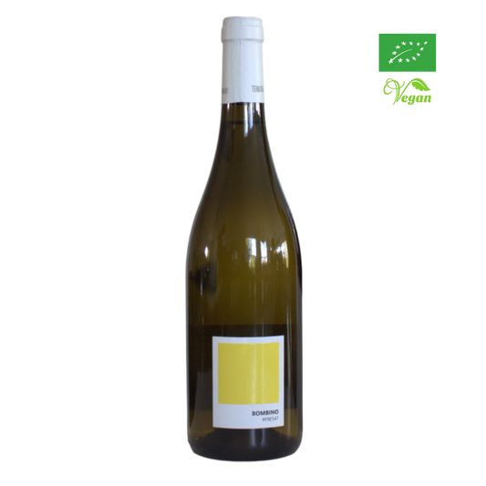 A bottle of Tenuta Demaio Bombino 2022 white wine with a yellow label, organic certification, and vegan friendly logo.