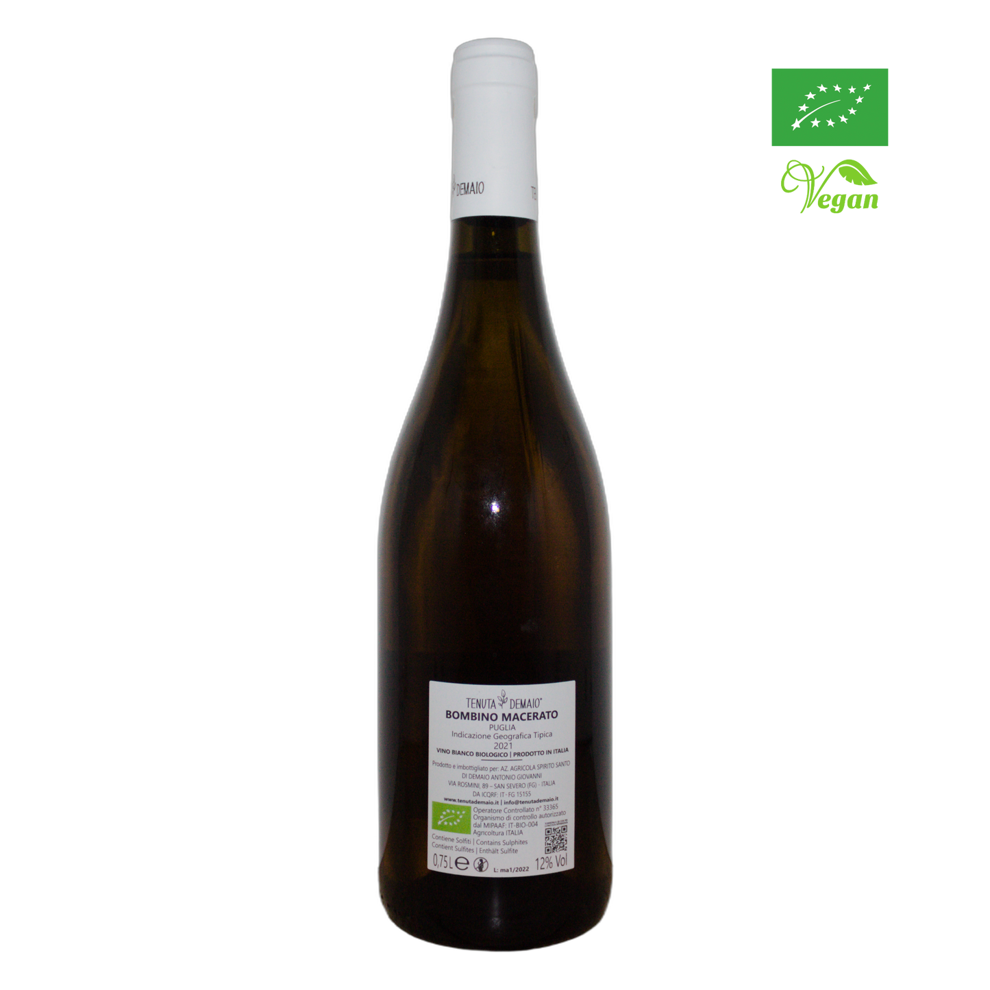 Technical back label for Tenuta Demaio Bombino Macerato IGT - Nutrition and ingredients