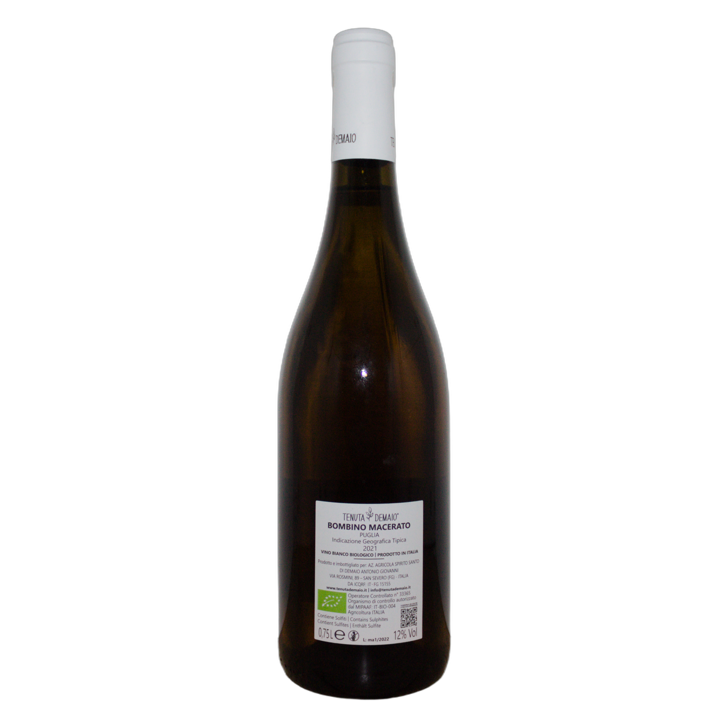 Technical back label for Tenuta Demaio Bombino Macerato IGT - Nutrition and ingredients