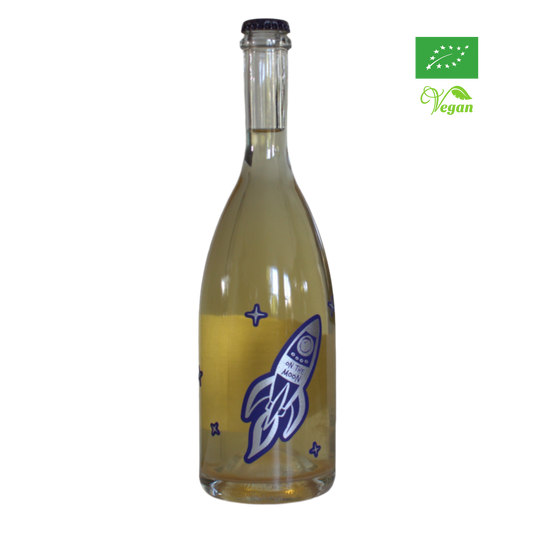 A bottle of Tenuta Demaio, On The Moon white sparkling wine with a rocket illustration on the label, organic certification logo, vegan certification logo.
