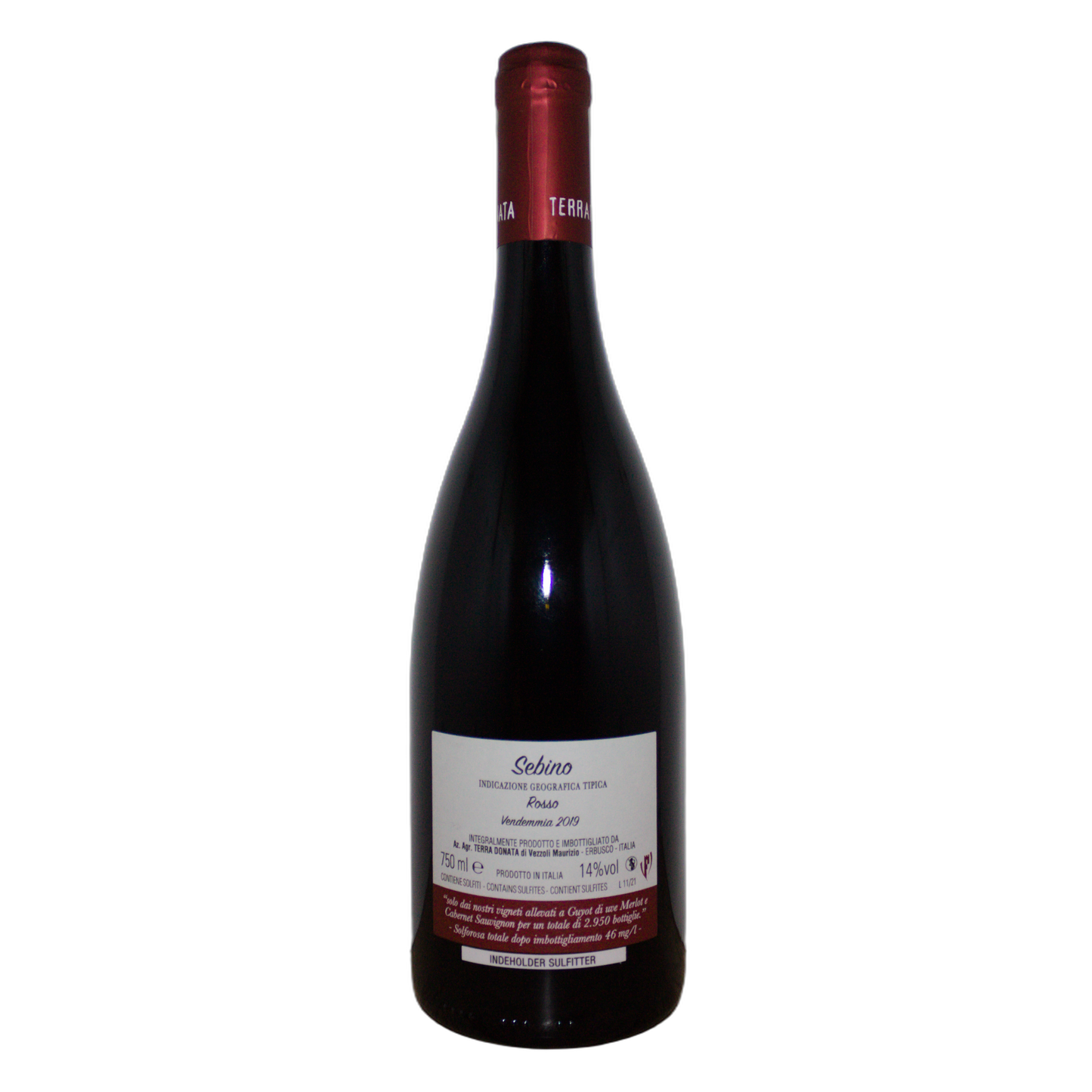 Terra Donata Sebino Rosso IGT back label with alcohol content and Lombardy origin information