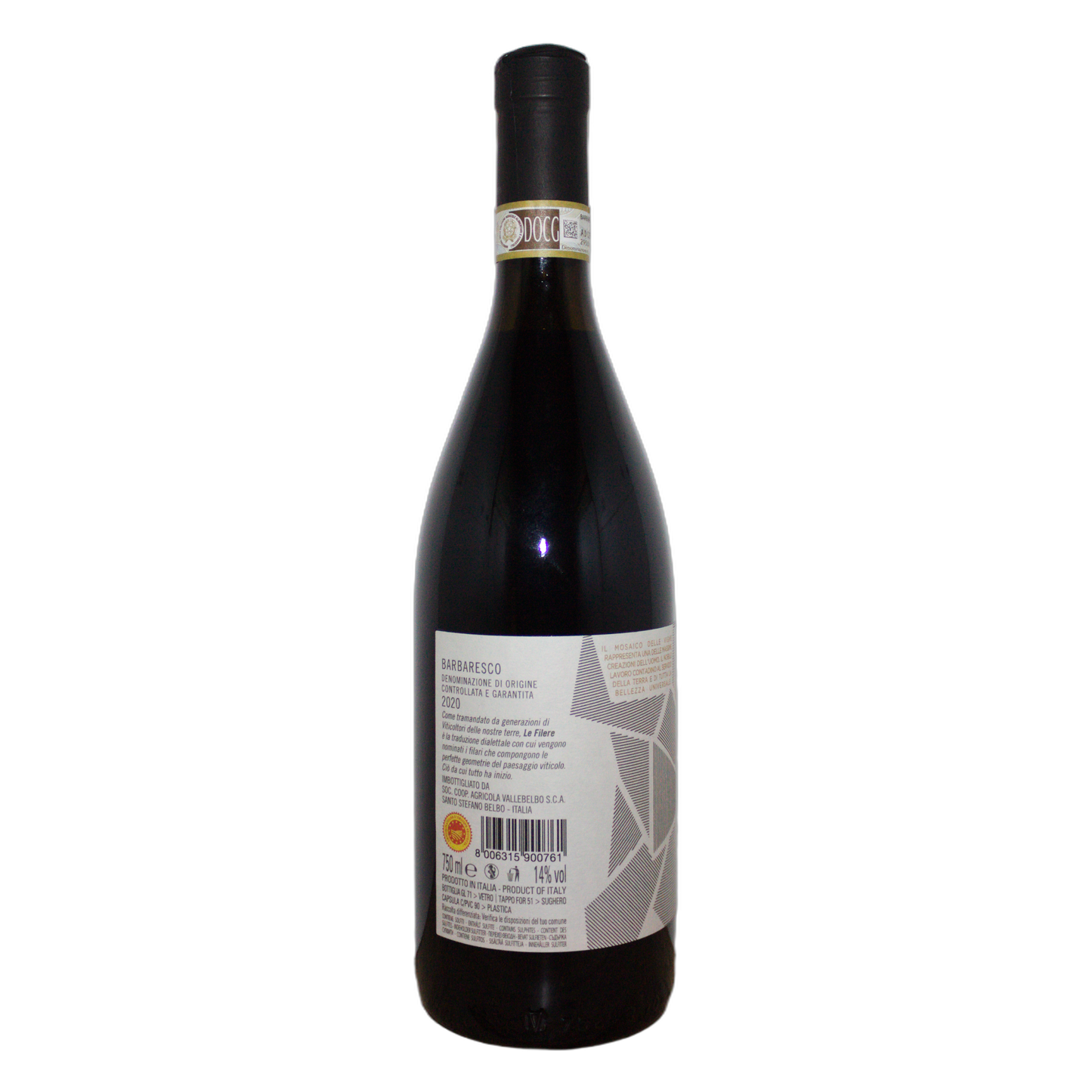 Technical back label for Vellebelbo Le Filere Barbaresco DOCG - Nutrition and ingredients