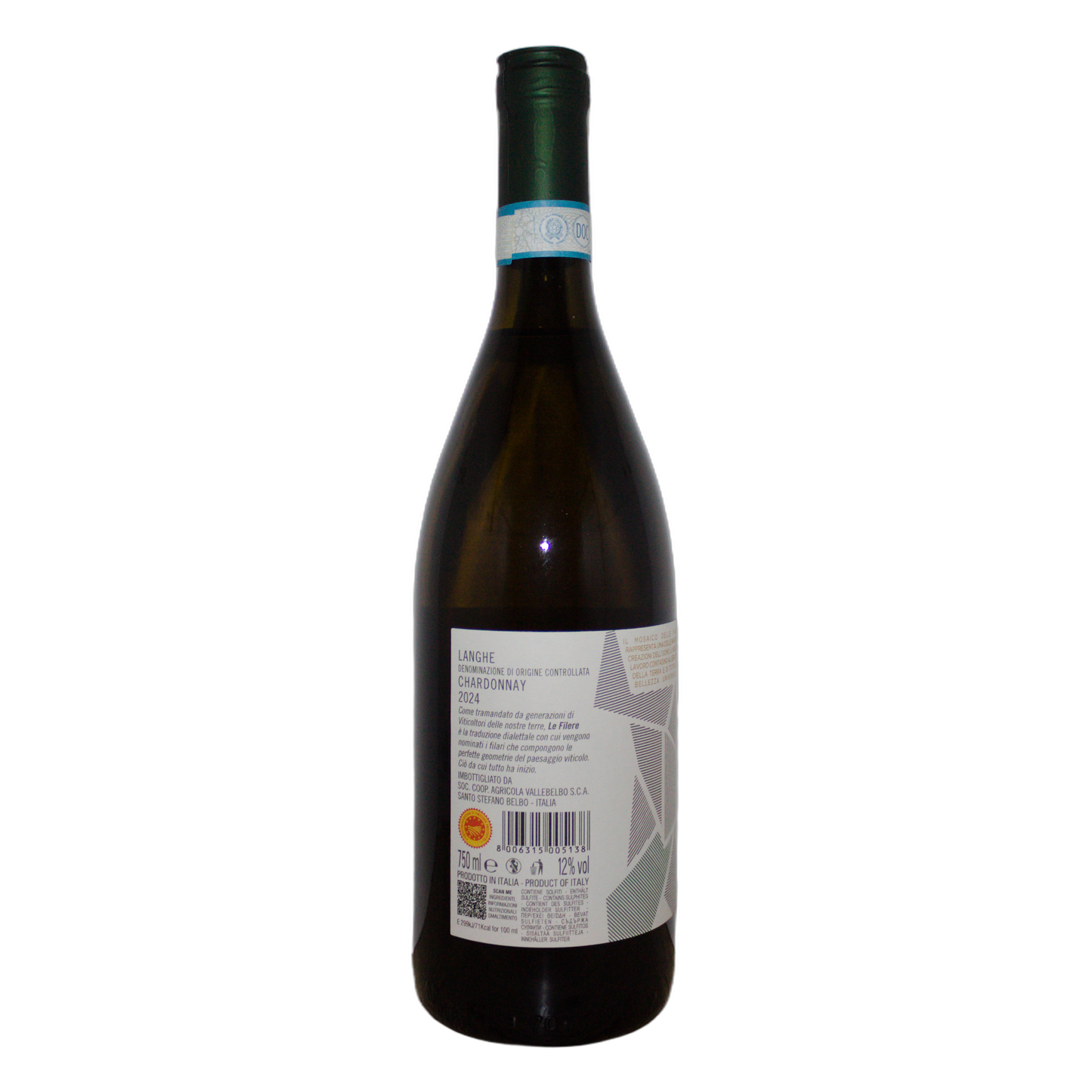Technical back label for Vallebelbo Le Filere Langhe Chardonnay DOC