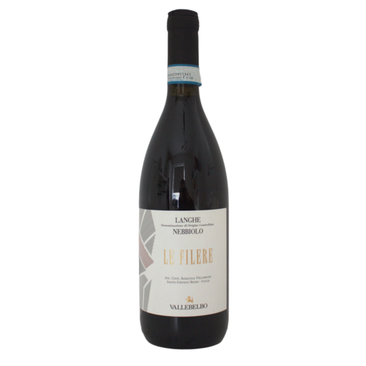 A bottle of Vallelibbo, Le Filere Langhe DOC Nebbiolo 2023 wine with a label indicating it is a red wine from Piedmont, Italy.