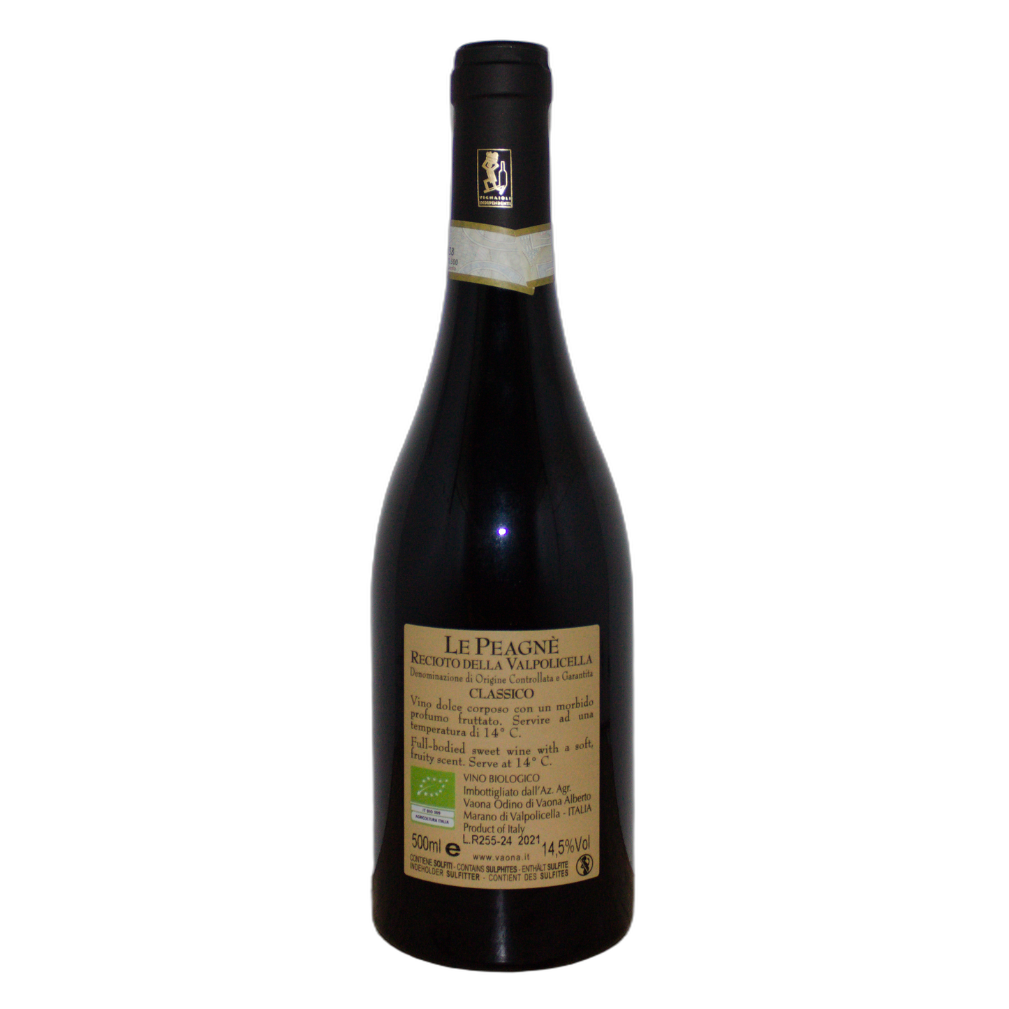 Technical back label for Vaona Le Peagne Recioto della Valpolicella Classico DOCG 2021 - Nutrition and ingredients