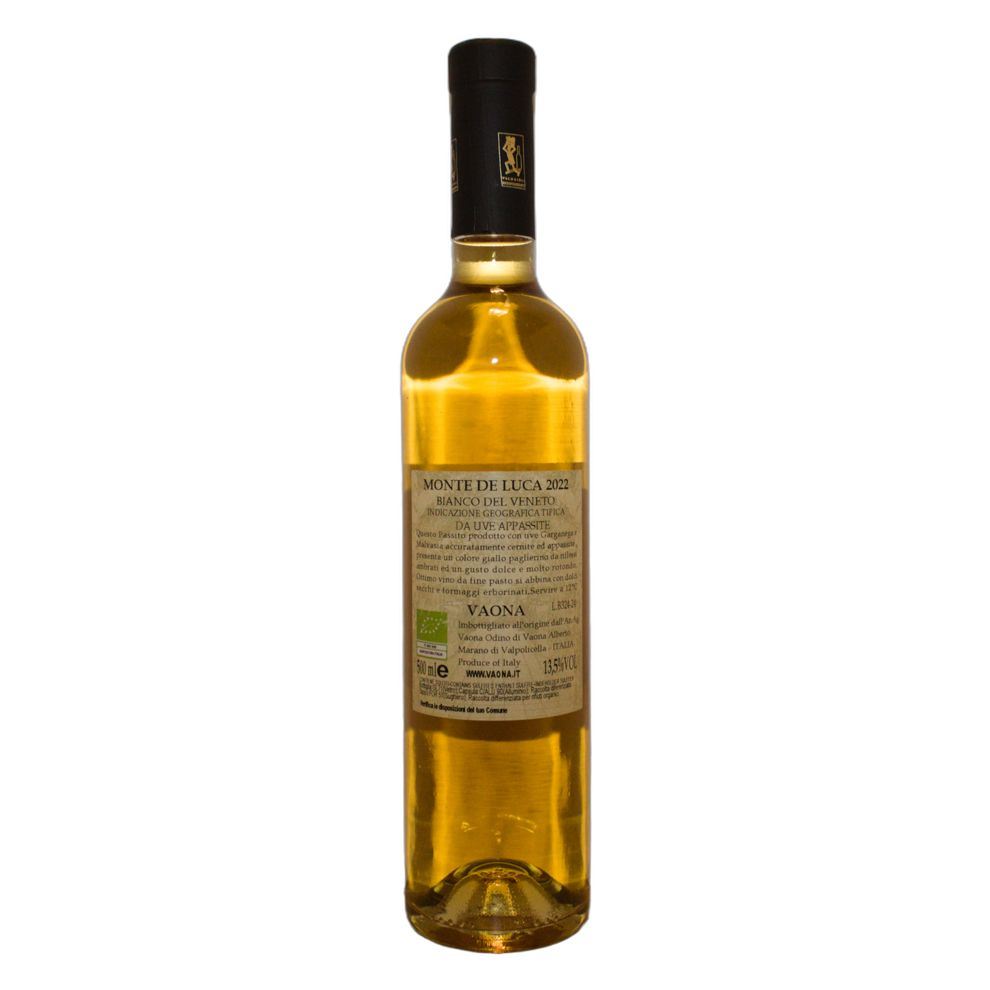 Technical back label for Vaona Monte de Luca Passito Bianco IGT 2022 - Nutrition and ingredients