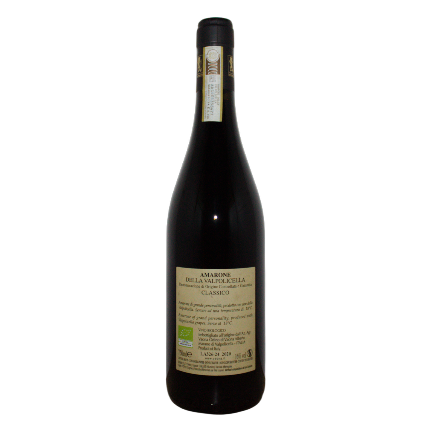 Technical back label for Vaona Paerno Amarone Classico della Valpolicella DOCG 2020 - Nutrition and ingredients