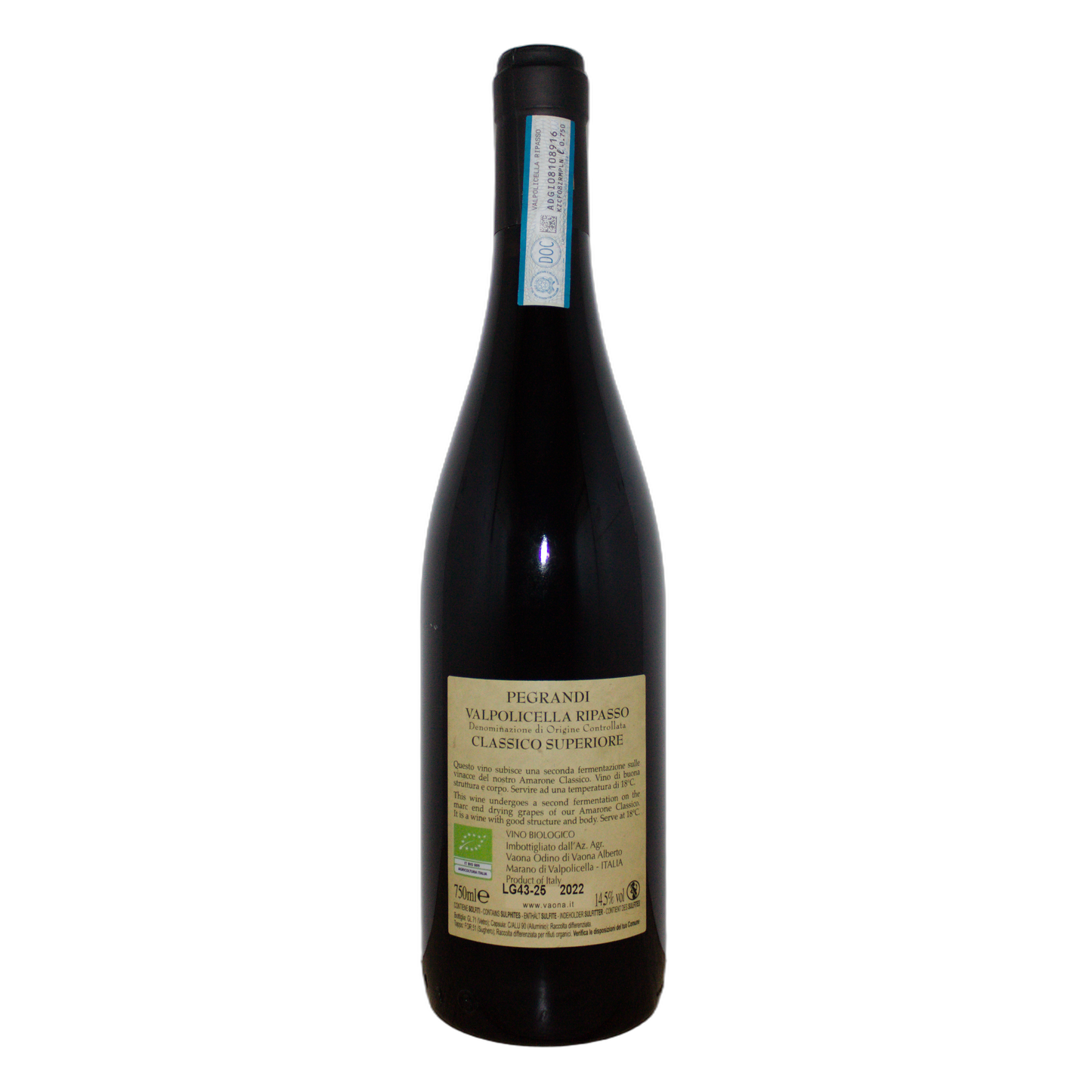Technical back label for Vaona Pegrandi Ripasso della Valpolicella Classico Superiore DOC 2022 - Nutrition and ingredients