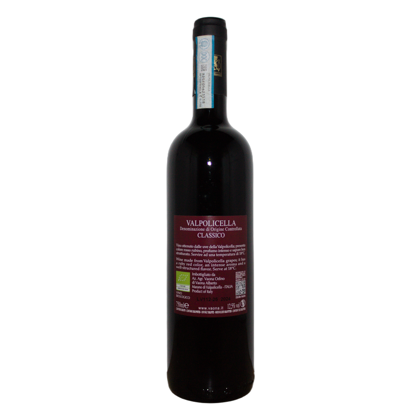 Technical back label for Vaona Valpolicella Cassico DOC 2024
