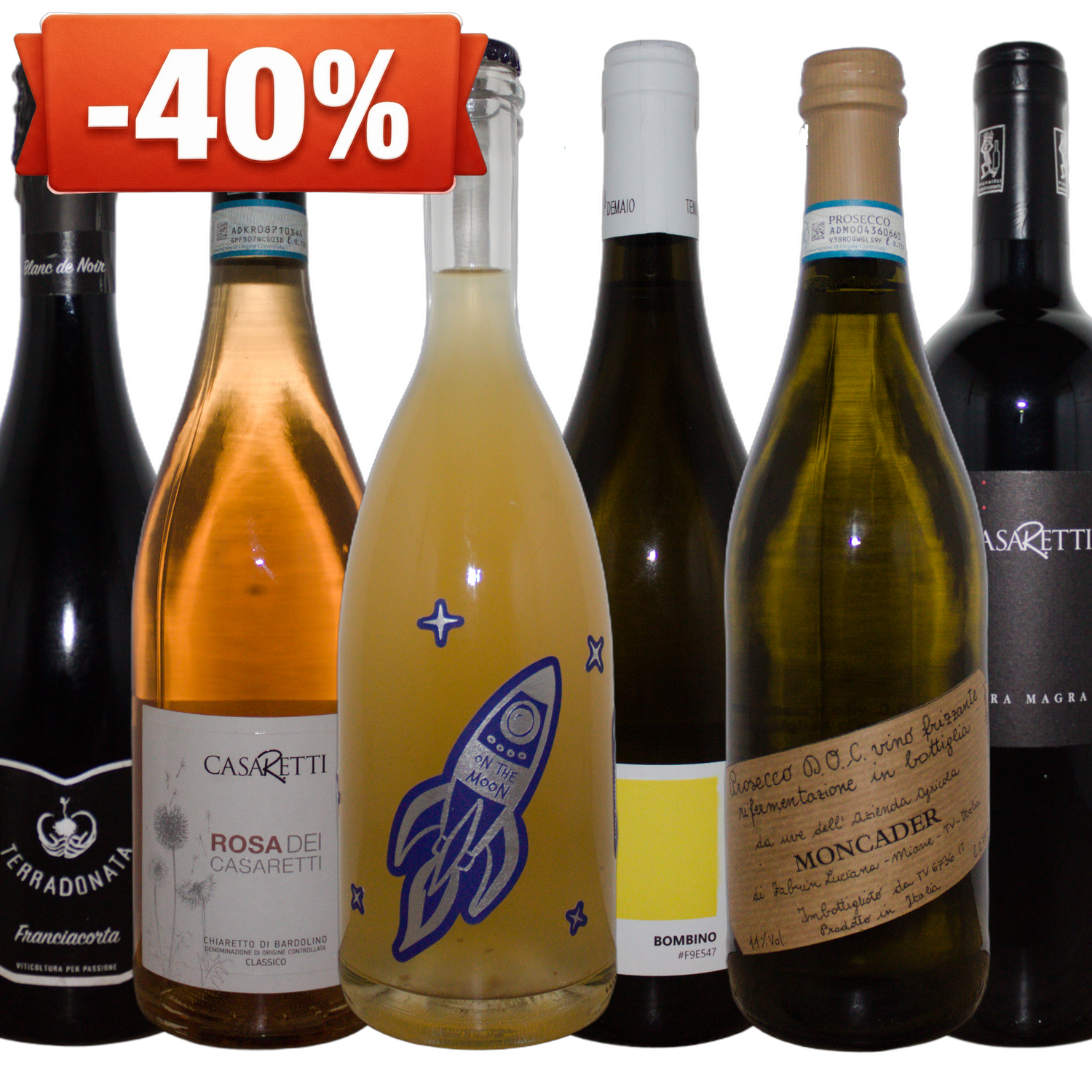 Six wine bottles grouped together on a white background, with a yellow circular '-40%' discount badge in the top-left corner. The bottles include dark red, rosé, and off-white wines, with labels visible for Caseretti and Moncader.