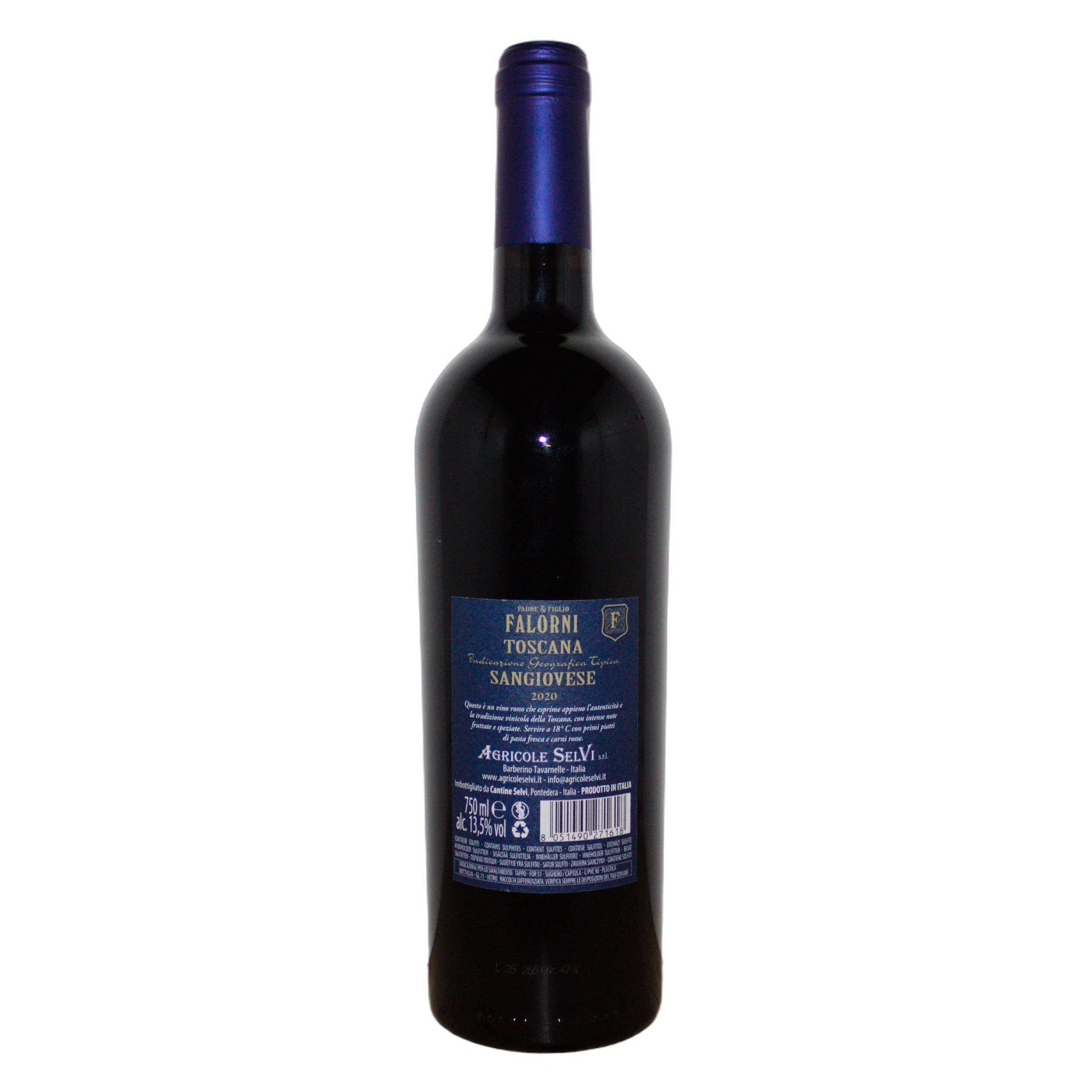 Technical back label for Agricole Selvi Famiglia Falorni Sangiovese 2020 - Nutrition and ingredients