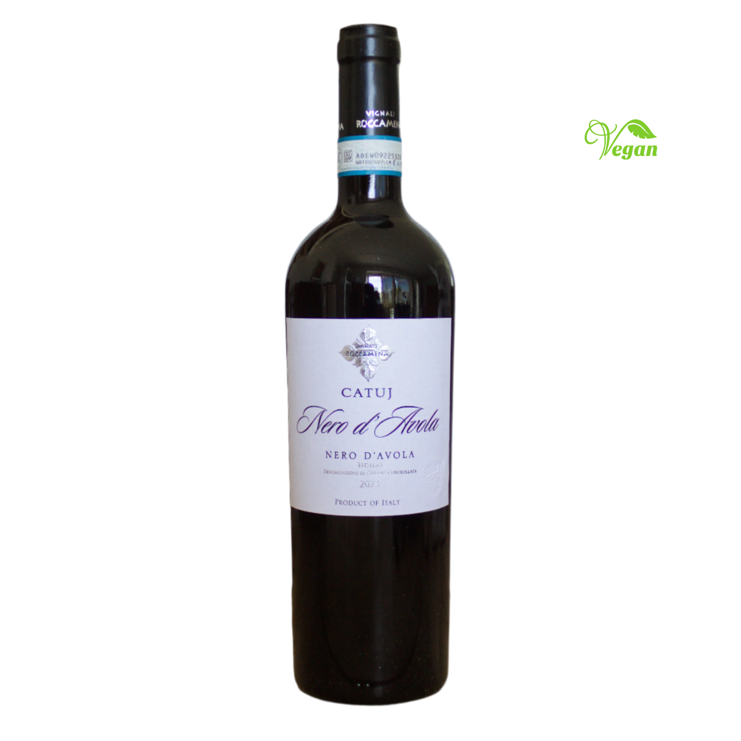 A bottle of Roccamena Nero d'Avola Catuj 2023 red wine with a label indicating it is a product from Sicily, Italy.