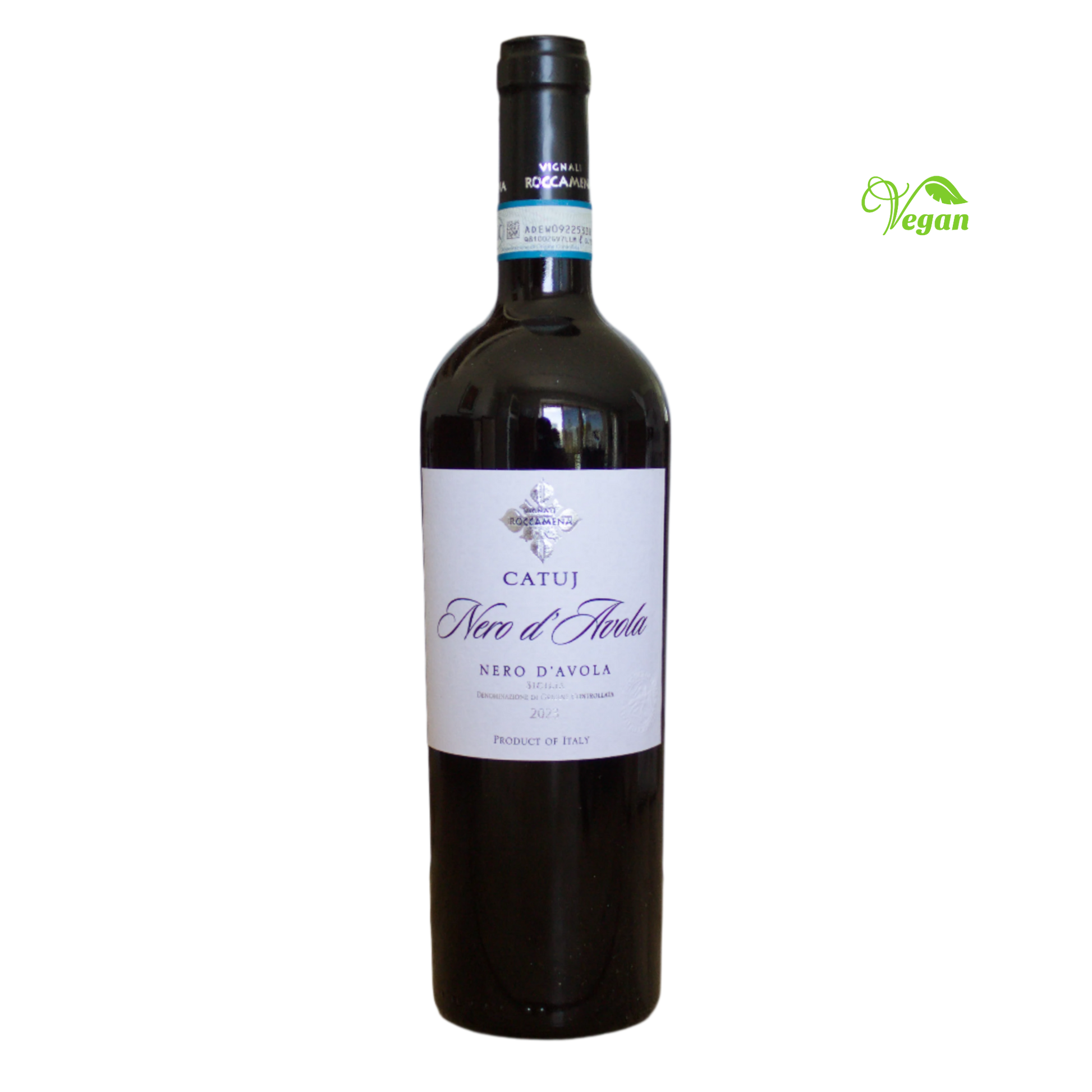 A bottle of Roccamena Nero d'Avola Catuj 2023 red wine with a label indicating it is a product from Sicily, Italy.