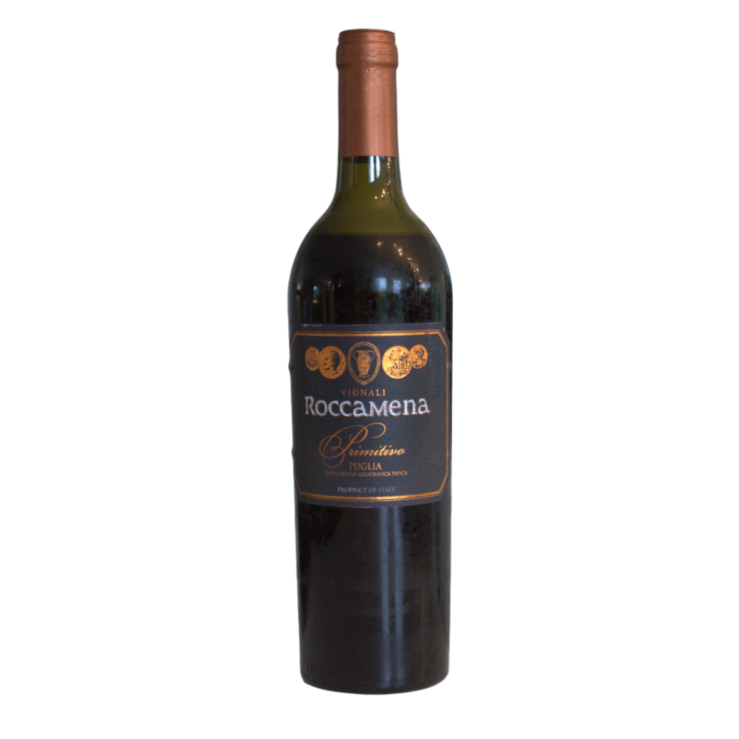 A bottle of Roccamena Primitivo 2021 wine with a label indicating it is a product from Italy, specifically Apulia region. The bottle is upright and the wine color is red.