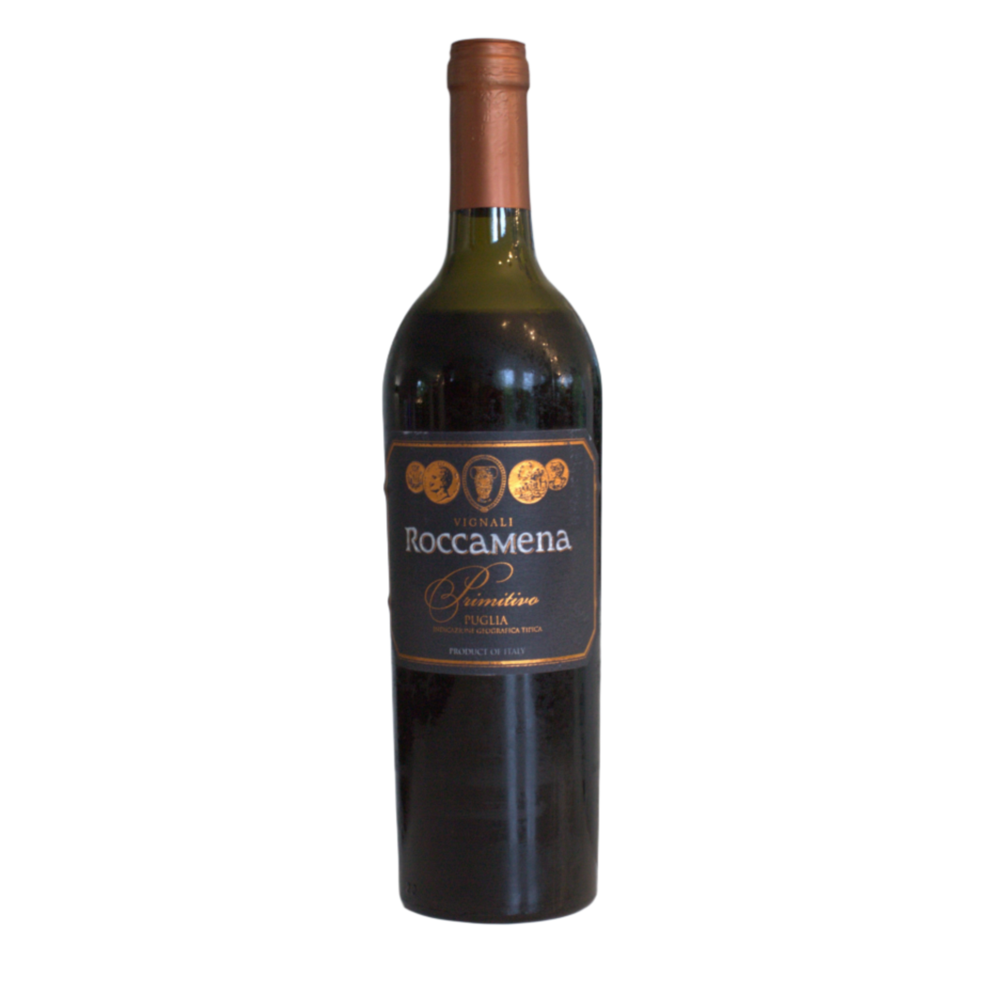 A bottle of Roccamena Primitivo 2021 wine with a label indicating it is a product from Italy, specifically Apulia region. The bottle is upright and the wine color is red.