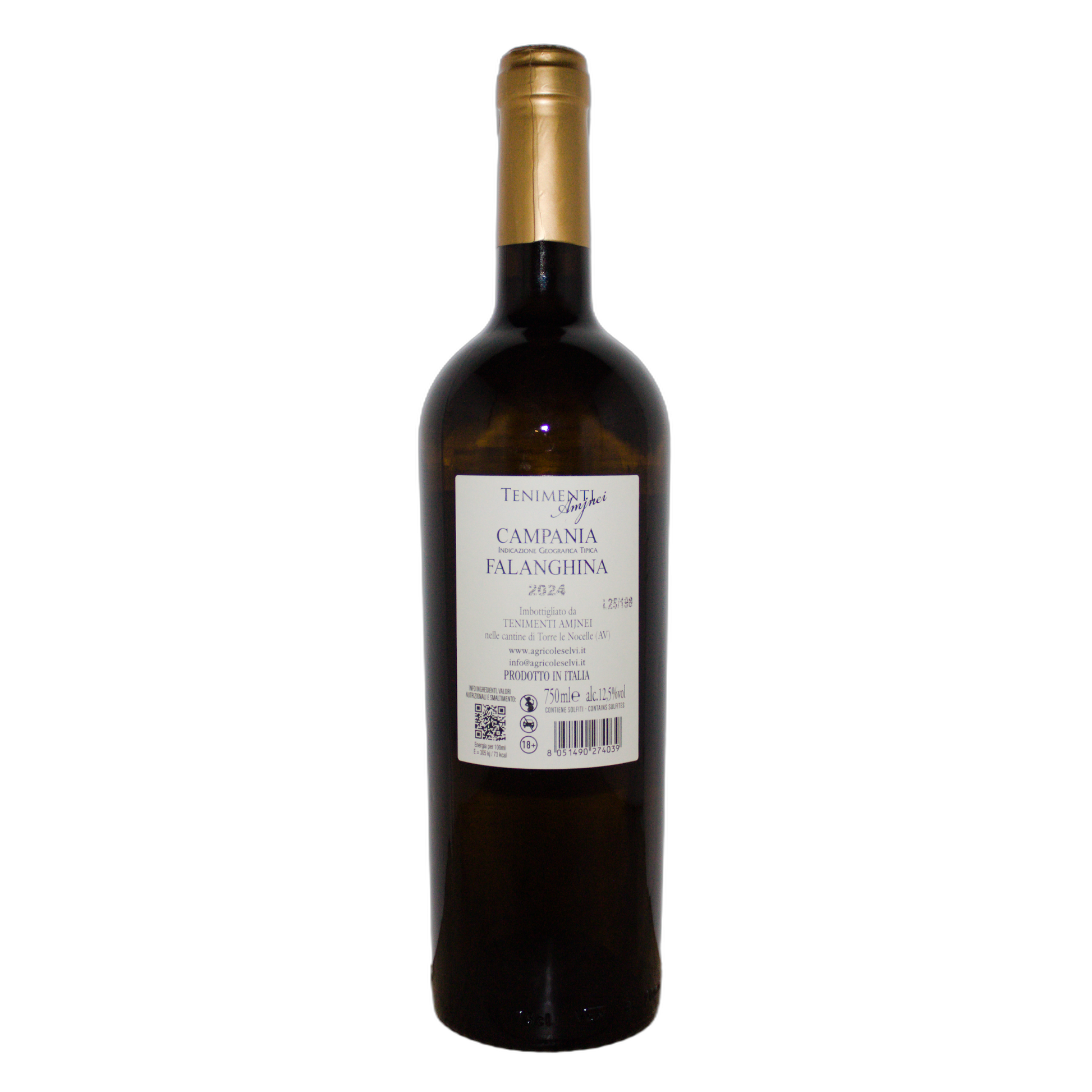 Technical back label for Agricole Selvi Tenimenti Amjnei Falanghina IGT 2024 - Nutrition and ingredients