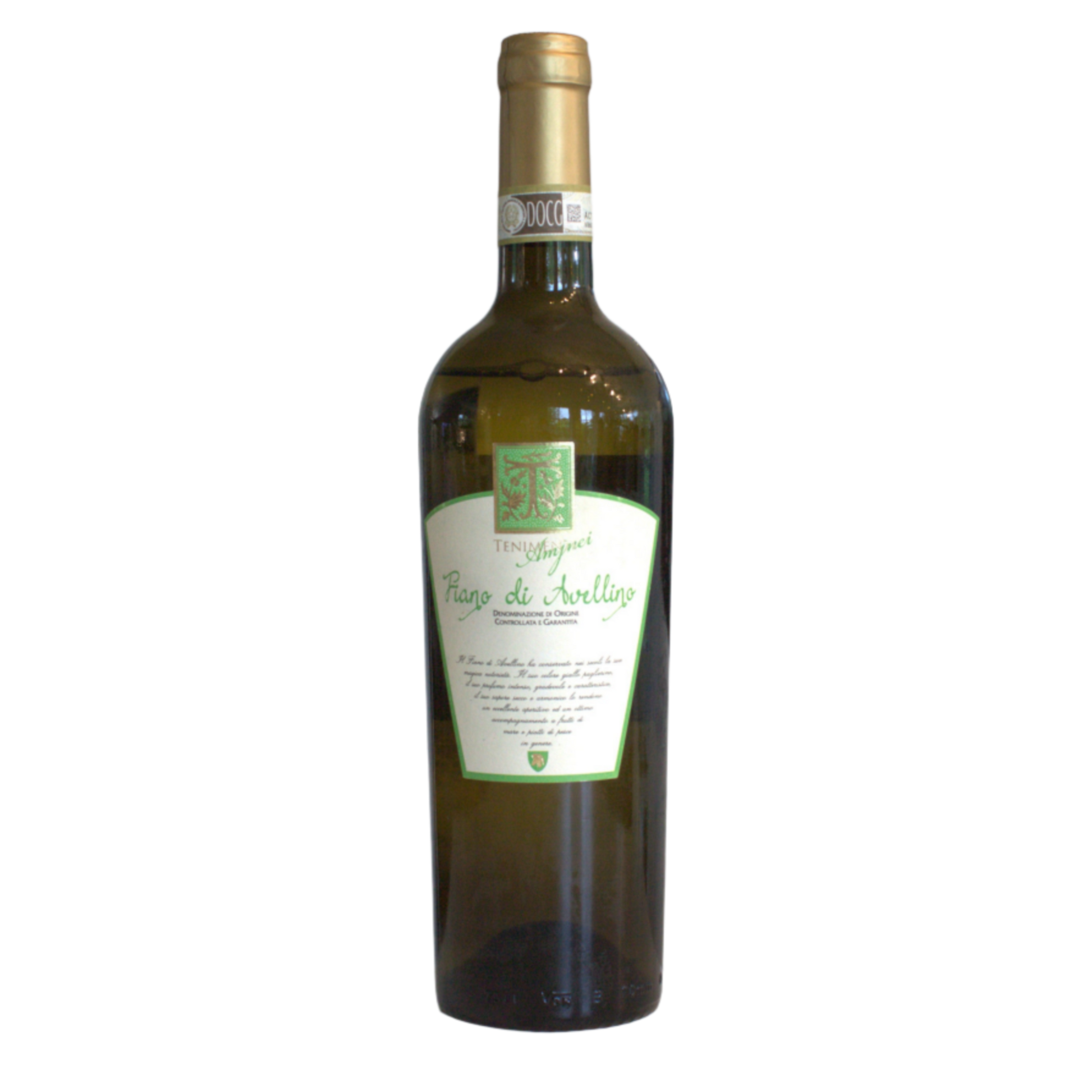 A bottle of Tenimenti Amjnei Fiano di Avellino 2023 white wine with a label that includes green elements and text, along with the name of the wine.