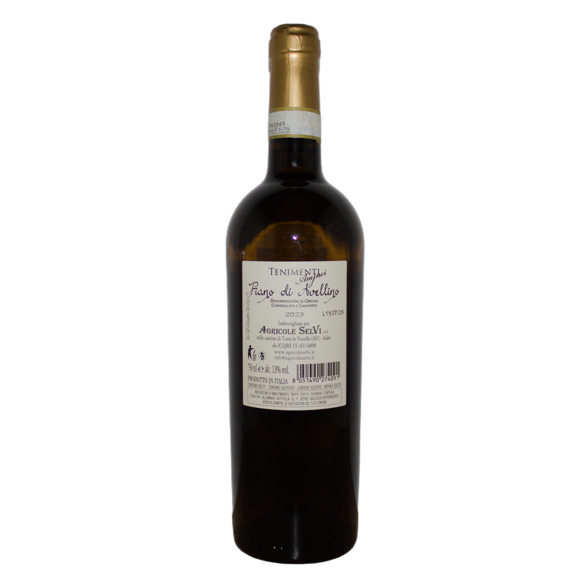 Technical back label for Agricole Selvi Tenimenti Amjnei Fiano di Avellino DOCG 2023 - Nutrition and ingredients