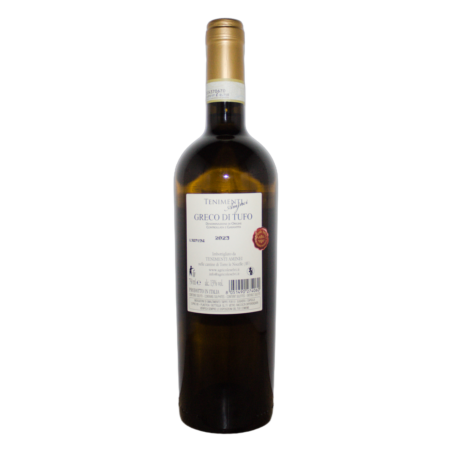 Technical back label for Agricole Selvi Tenimenti Amjnei Greco di Tufo DOC 2023 - Nutrition and ingredients