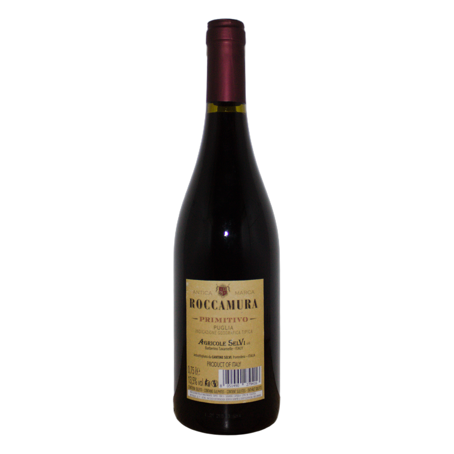 Technical back label for Agrlicole Selvi Roccamura Primitivo IGT 2023 - Nutrition and ingredients