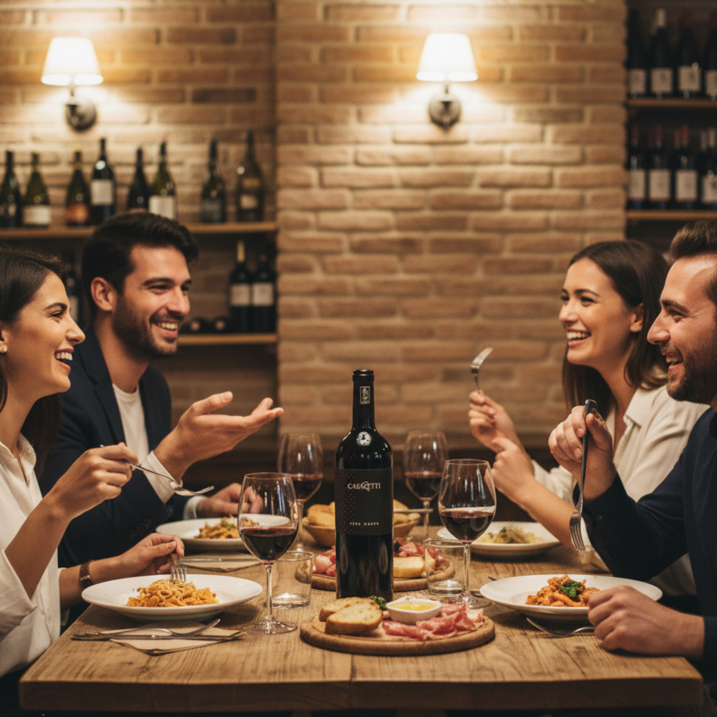 Four friends enjoying a meal together with wine in a cozy restaurant setting.