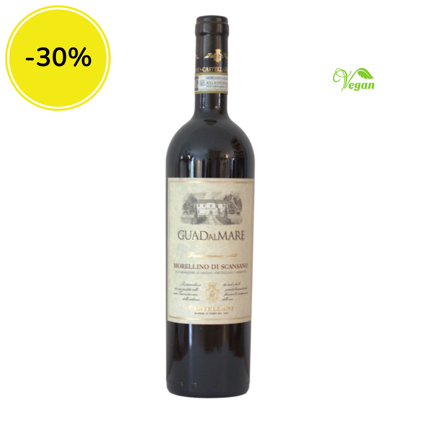 Wine bottle labeled 'Guadalmare' with a discount label in the corner on a white background