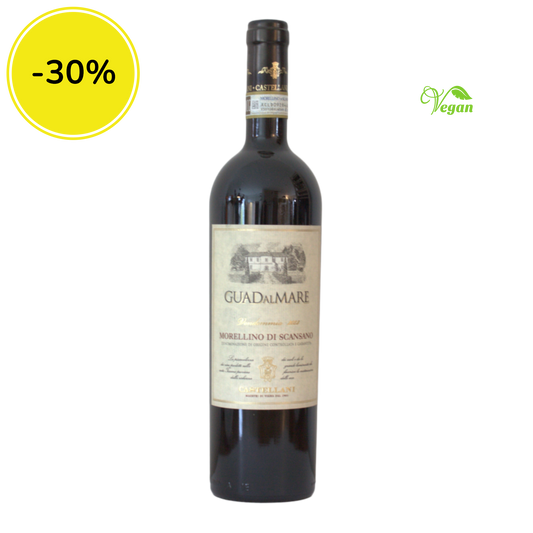 Wine bottle labeled 'Guadalmare' with a discount label in the corner on a white background