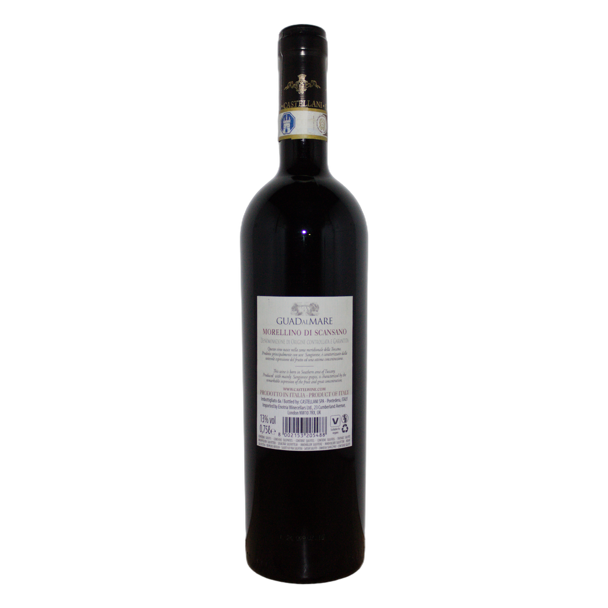 Technical back label for Famiglia Castellani Guadalmare Morellino di Scansano DOCG - Nutrition and ingredients