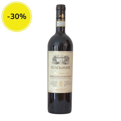 Wine bottle labeled 'Guadalmare' with a discount label in the corner on a white background