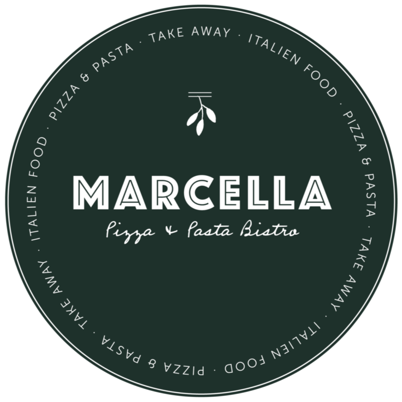 Circular logo for Marcella Pizza & Pasta Bistro with text around the edge on a white background
