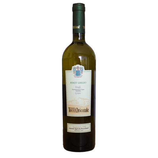 A bottle of Vigneti Torre Orientale Pinot Grigio white wine from Italy, showing the label and cap.