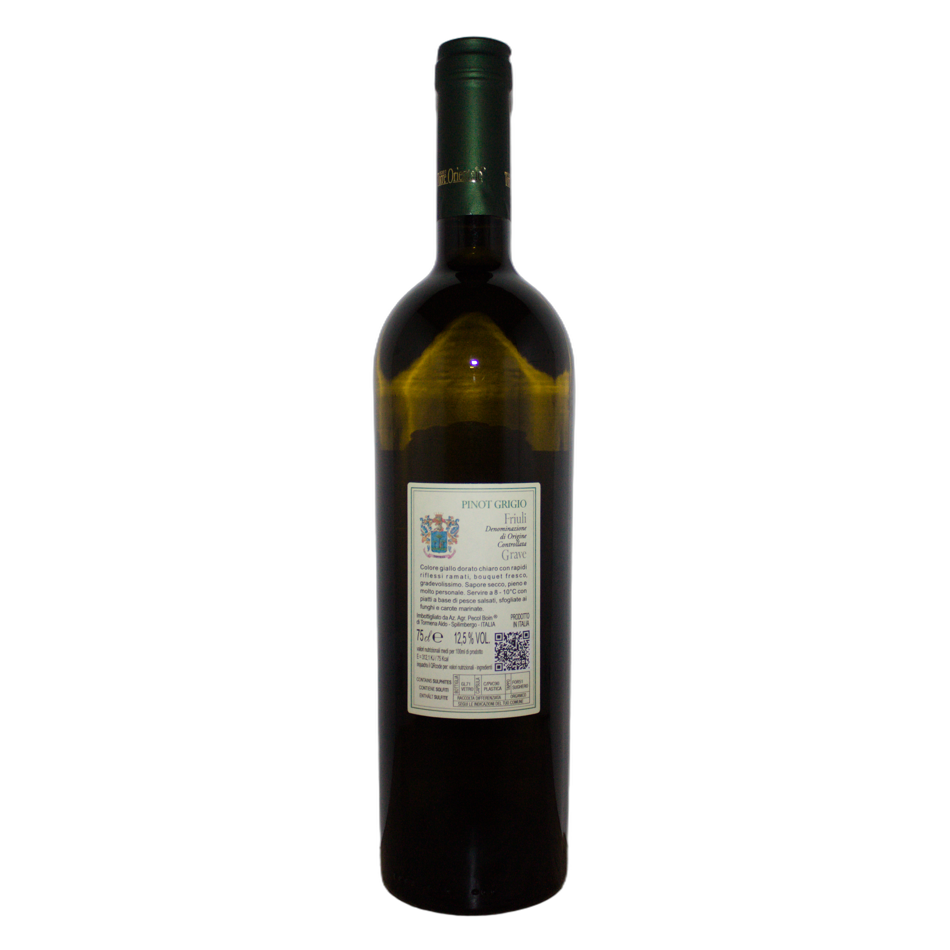Technical back label for Pecol Boin Vigneti Torre Orientale Pinot Grigio DOCG - Nutrition and ingredients