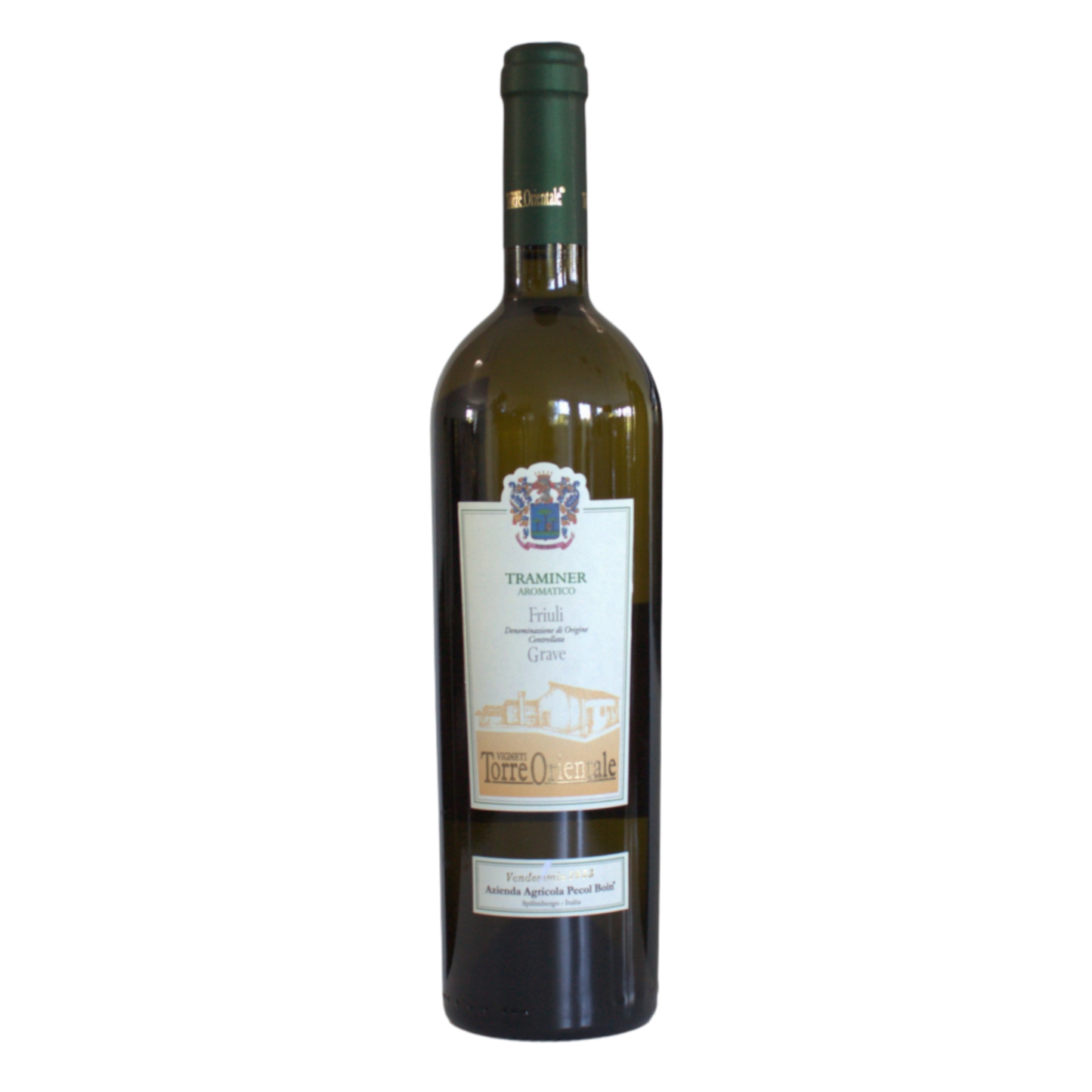A bottle of Vigneti Torre Orientale, Traminer white wine from Italy with a label indicating the grape variety and region.