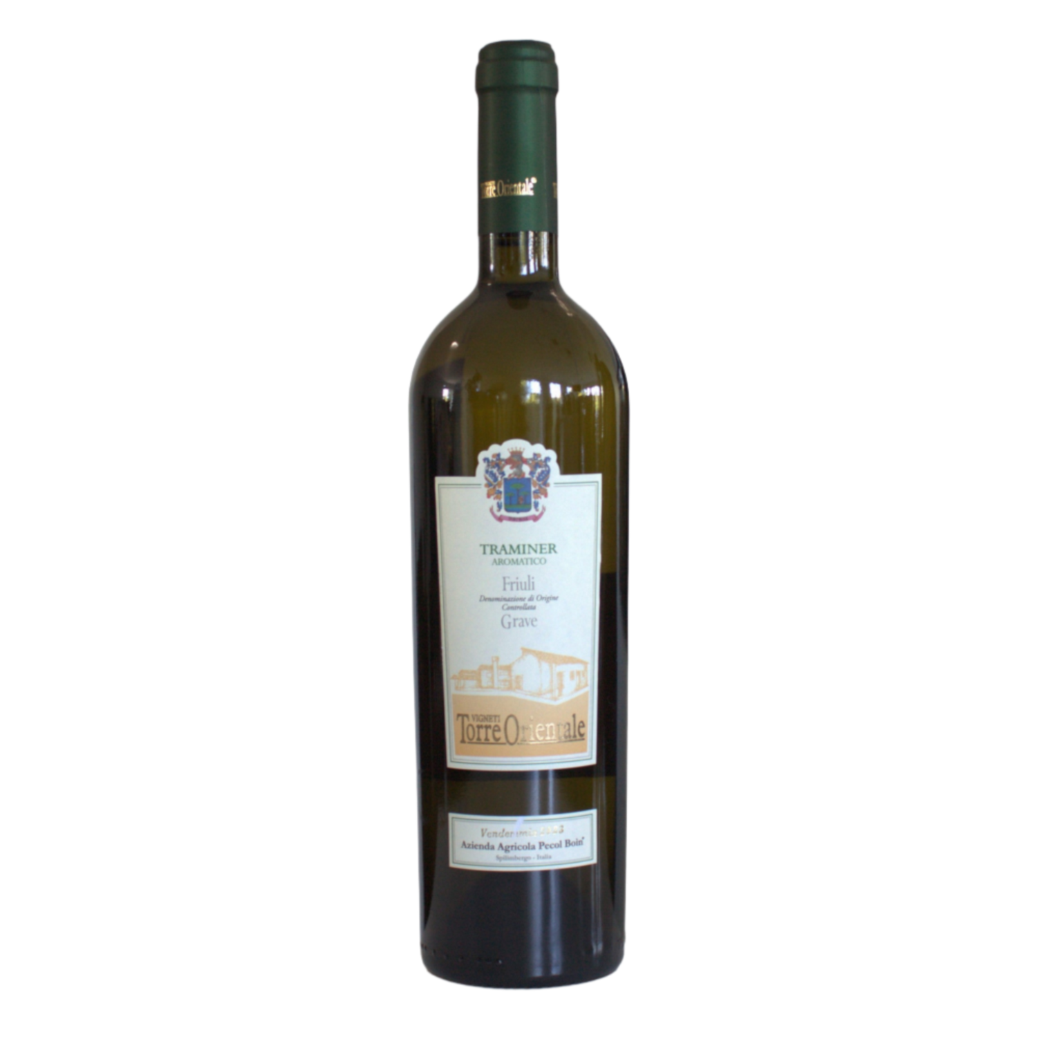A bottle of Vigneti Torre Orientale, Traminer white wine from Italy with a label indicating the grape variety and region.