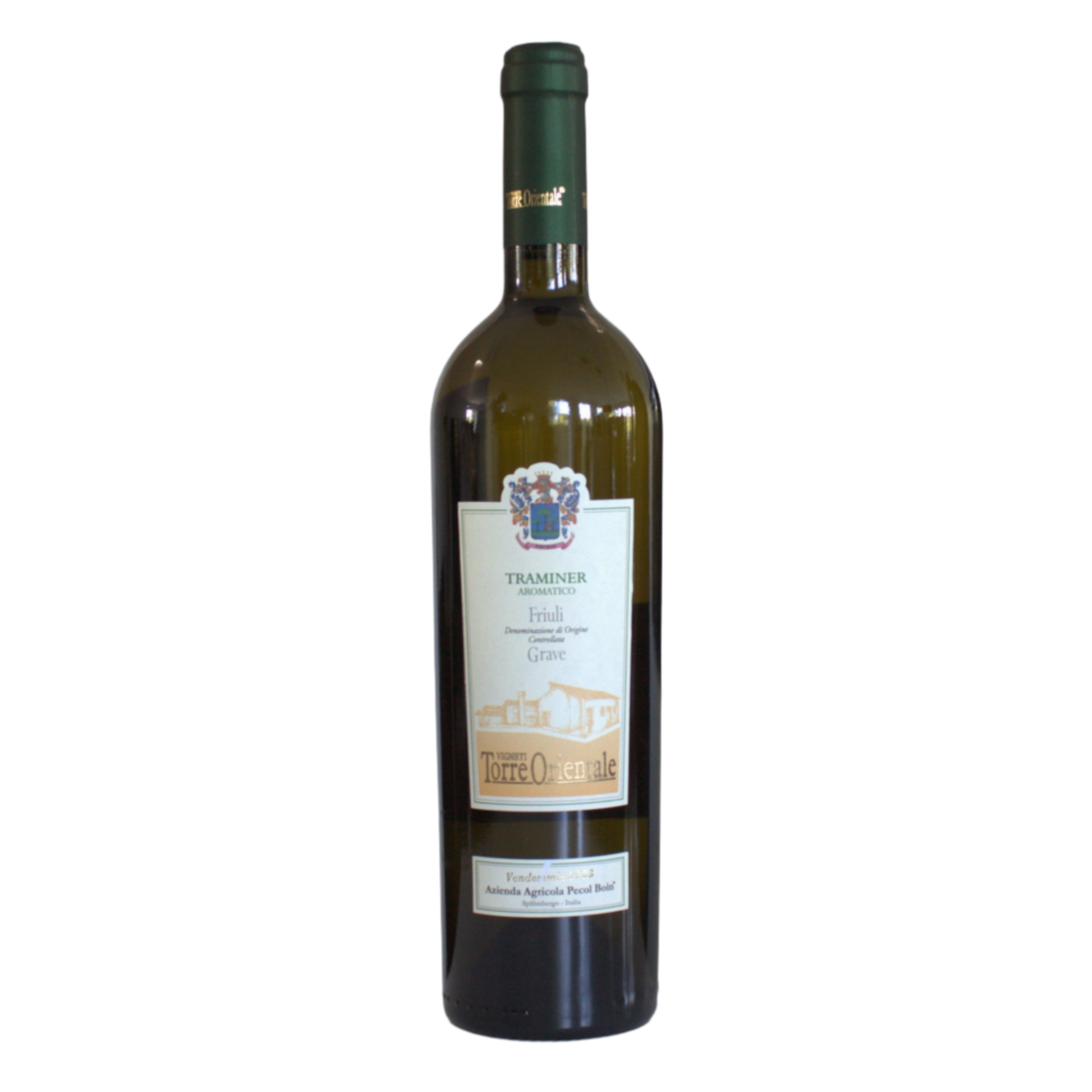 A bottle of Vigneti Torre Orientale, Traminer white wine from Italy with a label indicating the grape variety and region.