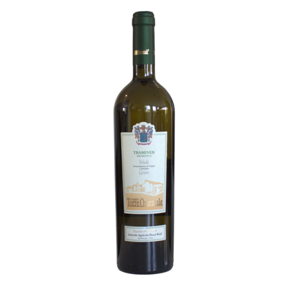 A bottle of Vigneti Torre Orientale, Traminer white wine from Italy with a label indicating the grape variety and region.