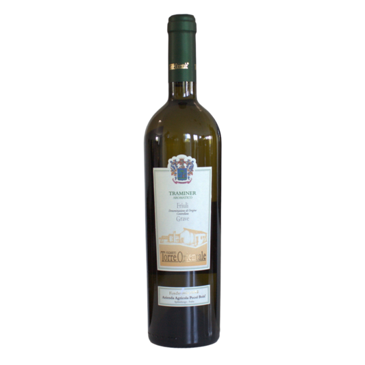 A bottle of Vigneti Torre Orientale, Traminer white wine from Italy with a label indicating the grape variety and region.