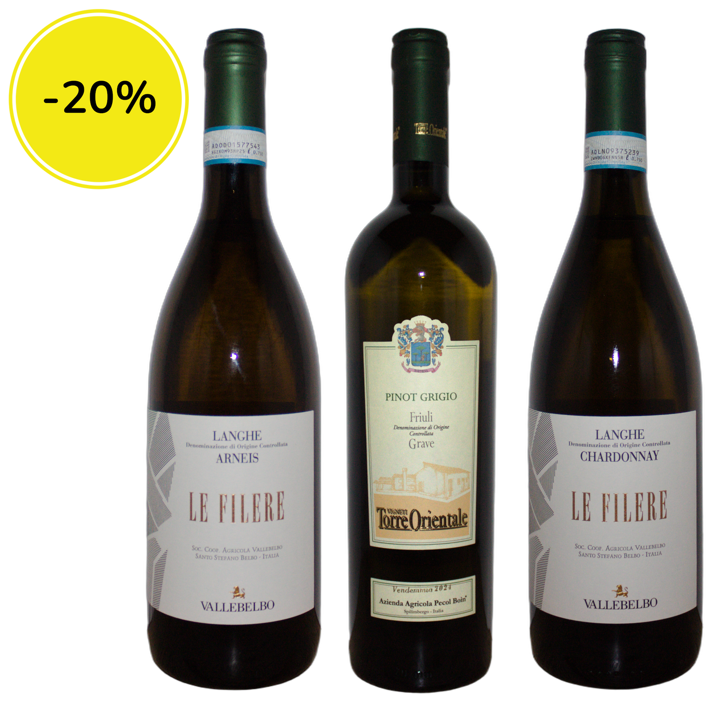 Spring Whites Tasting Box featuring three bottles of Italian white wine: Arneis, Pinot Grigio, and Chardonnay - March offer