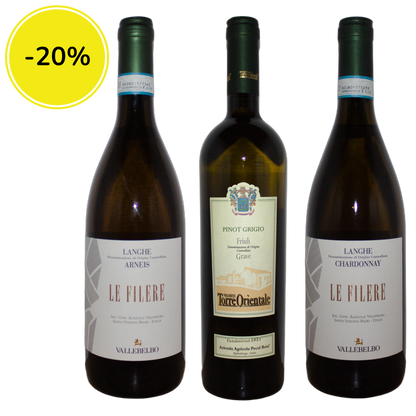 Spring Whites Tasting Box featuring three bottles of Italian white wine: Arneis, Pinot Grigio, and Chardonnay - March offer