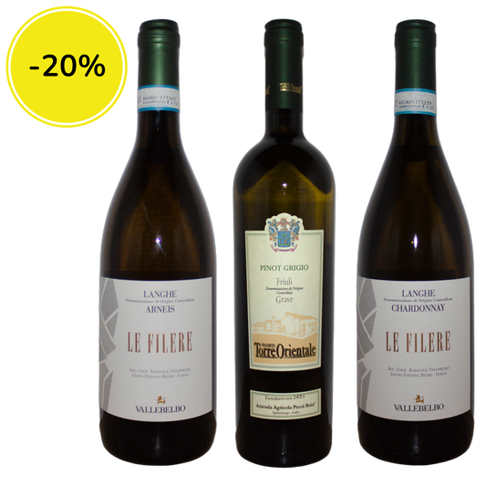 Spring Whites Tasting Box featuring three bottles of Italian white wine: Arneis, Pinot Grigio, and Chardonnay - March offer