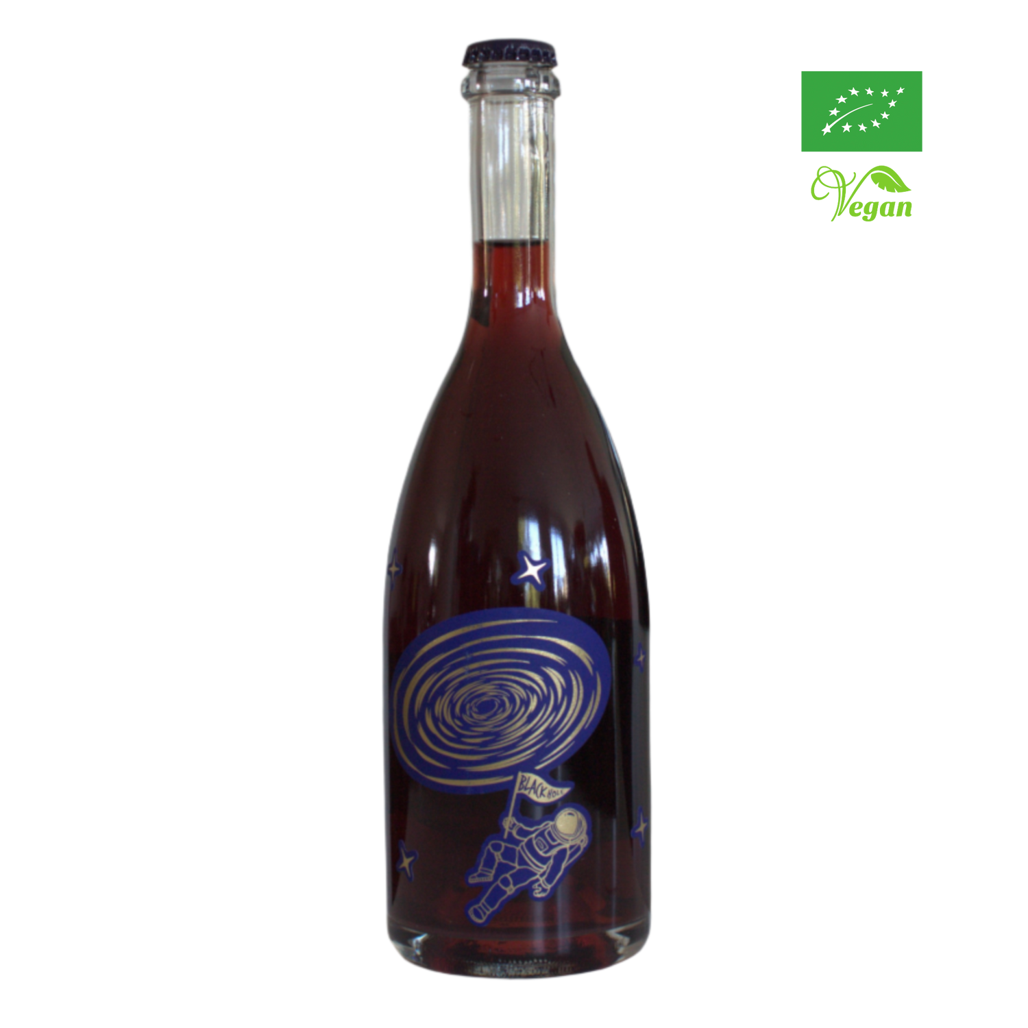 A bottle of Tenuta Demaio Black Hole red sparkling wine with a space-themed label, organic certification, and vegan certification logos.