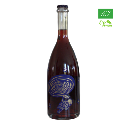 A bottle of Tenuta Demaio Black Hole red sparkling wine with a space-themed label, organic certification, and vegan certification logos.