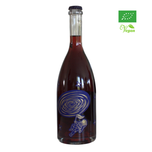 A bottle of Tenuta Demaio Black Hole red sparkling wine with a space-themed label, organic certification, and vegan certification logos.