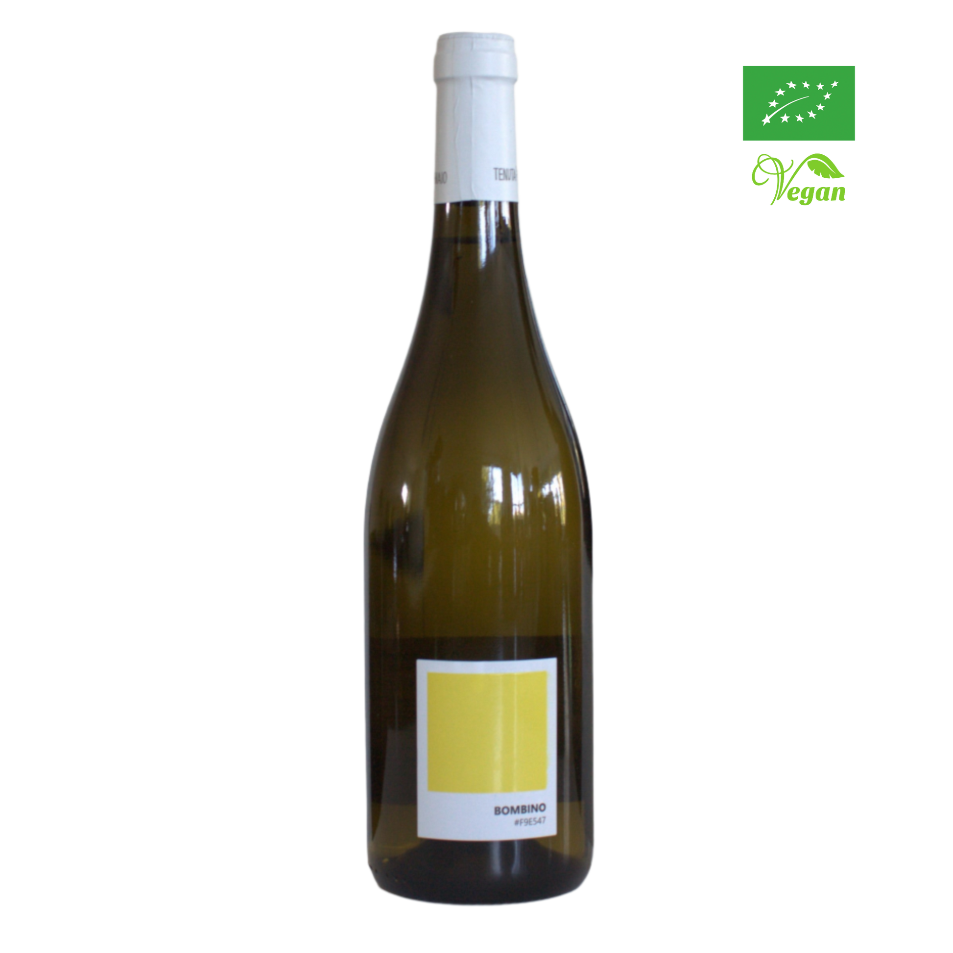 A bottle of Tenuta Demaio Bombino 2022 white wine with a yellow label, organic certification, and vegan friendly logo.