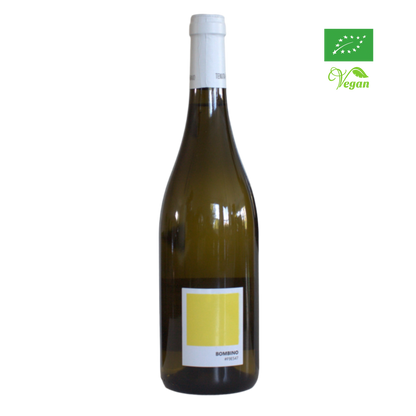 A bottle of Tenuta Demaio Bombino 2022 white wine with a yellow label, organic certification, and vegan friendly logo.